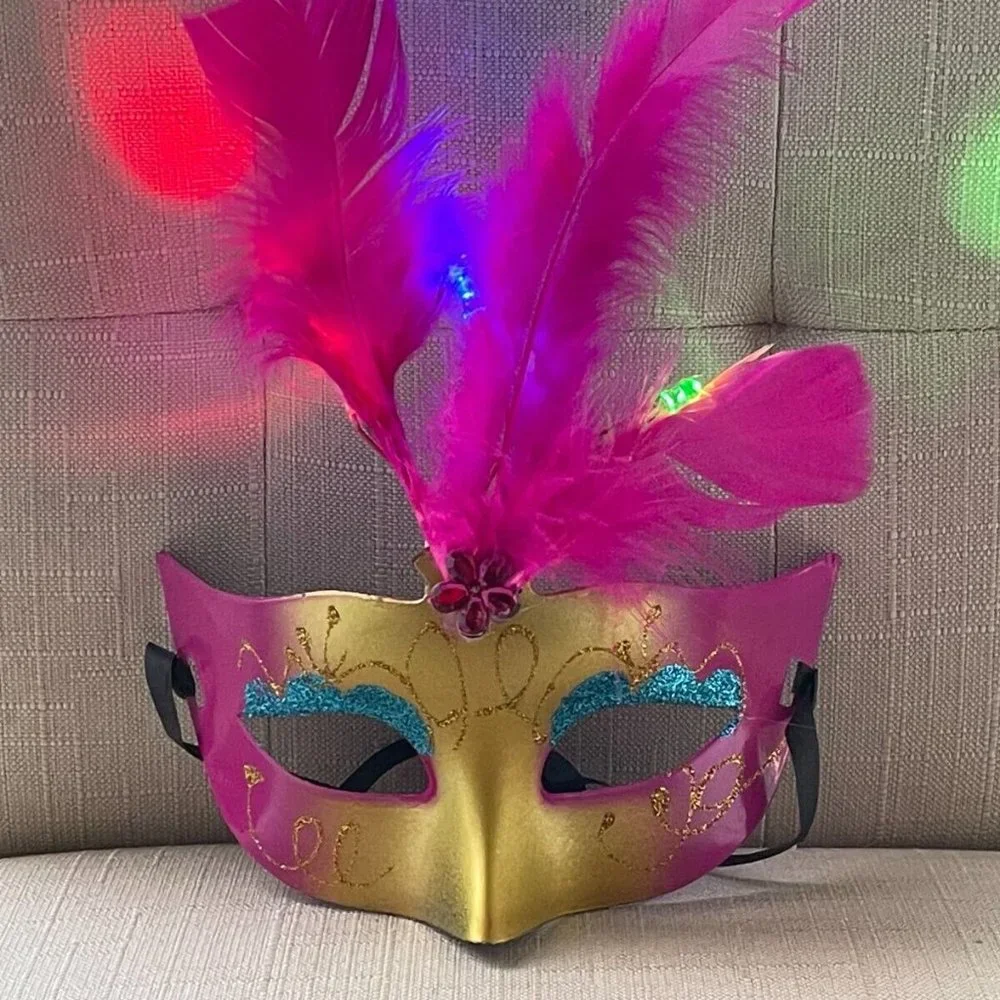 Halloween Mask Party Light Up Eyemask Masquerade Mask Deep Pink Faux Fur Mask